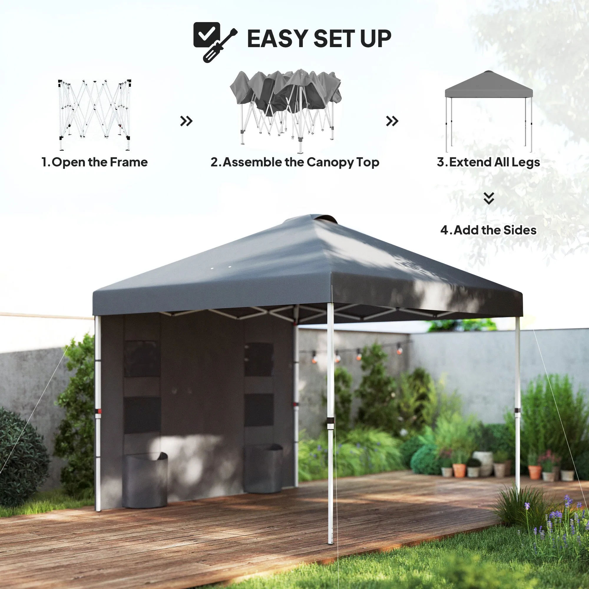 10' x 10' Pop-Up Canopy Tent with Adjustable Height, Sidewalls & Storage Pockets, Dark Gray