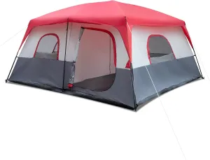 14-Person Camping Tent, 169.2" x 169.2" x 82.6"H, Red & White, Instant Cabin Shelter with Rainfly & Carry Bag for Backpacking Hiking Car Traveling