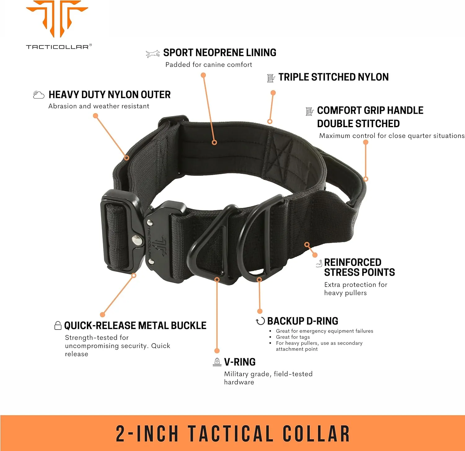 2 inch Tactical Dog Collar with Handle for Medium and Large Dogs, Mil Spec Nylon Collar, Quick-Release Metal Buckle, Neoprene Padded Inside (Medium, Black)