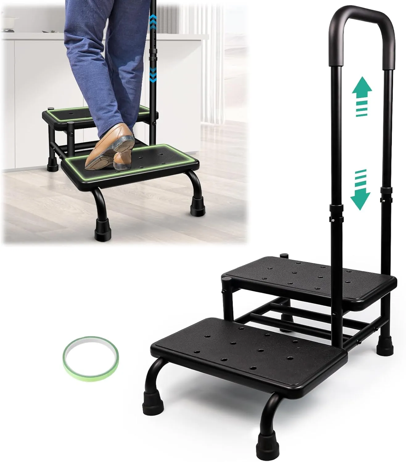 2 Step Stool with Handle for Elderly, Heavy Duty Medical Step Stool with Adjustable Handrail and Non-Slid Platform for Adults, Seniors and Handicap, Bed Steps for High Beds Holds up to 400LBS