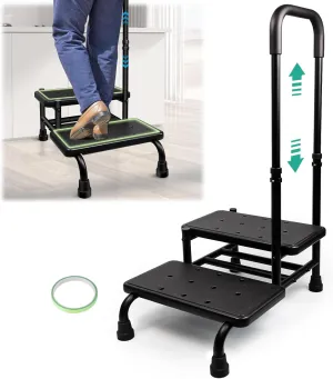 2 Step Stool with Handle for Elderly, Heavy Duty Medical Step Stool with Adjustable Handrail and Non-Slid Platform for Adults, Seniors and Handicap, Bed Steps for High Beds Holds up to 400LBS