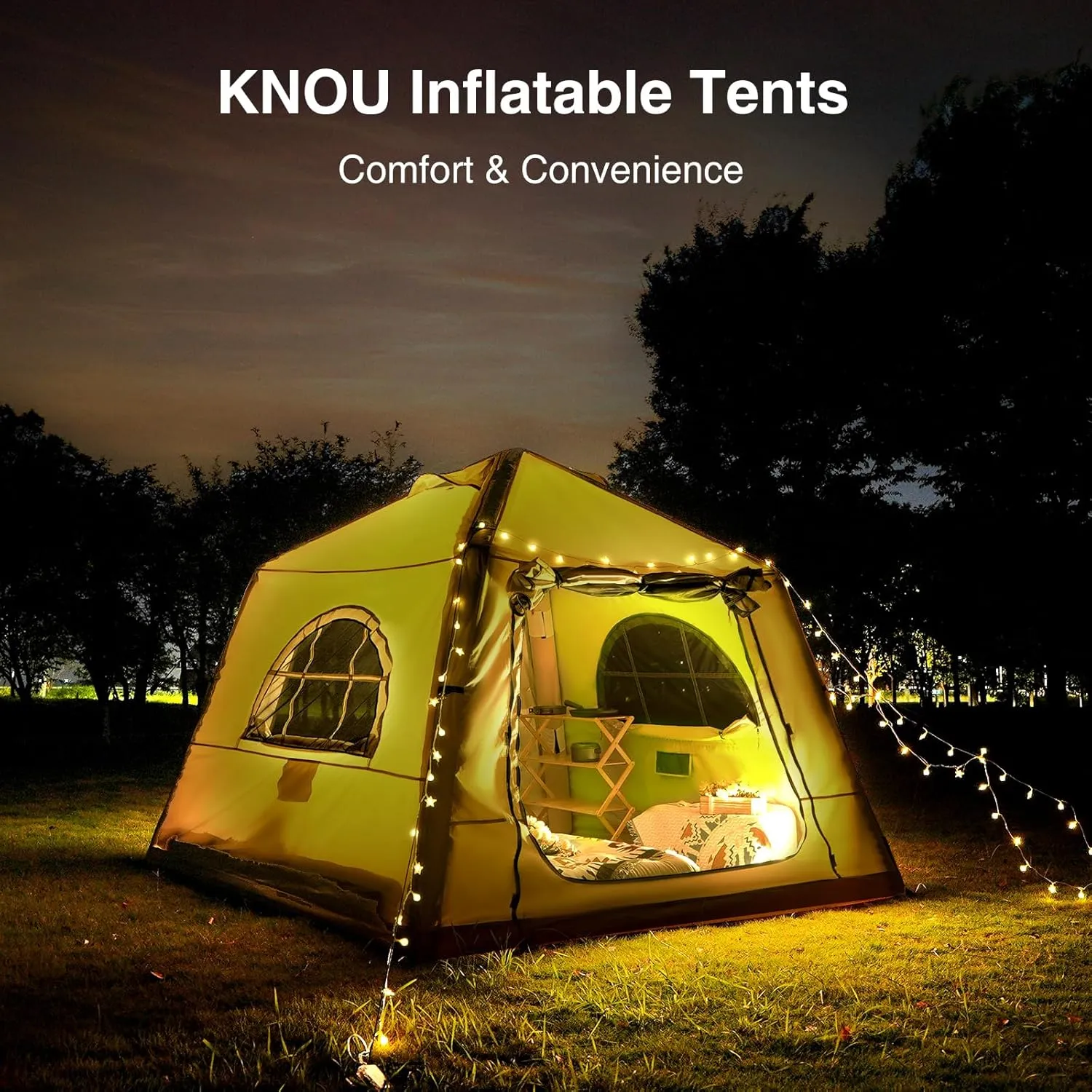 2025 Upgraded 100% Waterproof Inflatable Camping Tent, Large Blow-Up Air Tent, No Assembly Needed Luxury Glamping House, Oxford Fabric