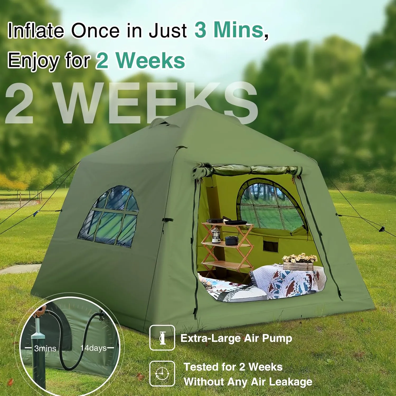 2025 Upgraded 100% Waterproof Inflatable Camping Tent, Large Blow-Up Air Tent, No Assembly Needed Luxury Glamping House, Oxford Fabric