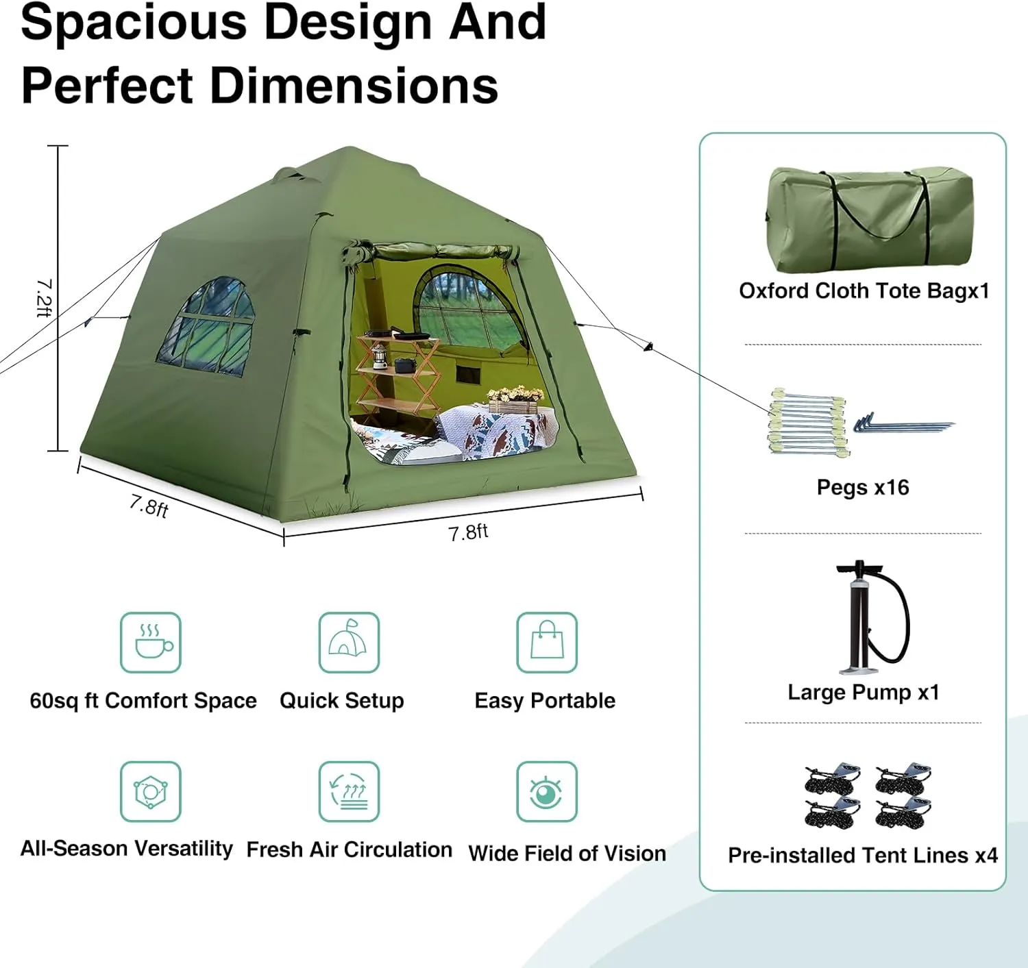 2025 Upgraded 100% Waterproof Inflatable Camping Tent, Large Blow-Up Air Tent, No Assembly Needed Luxury Glamping House, Oxford Fabric