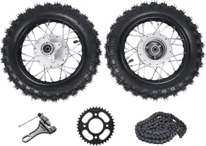 2.50-10 Front and Rear Tire Drum Brake Pit Bike Front Rear Tire Rim Wheel with Chain and Chain Plate for CRF50 XR50 BBR KLX Dirt Bike