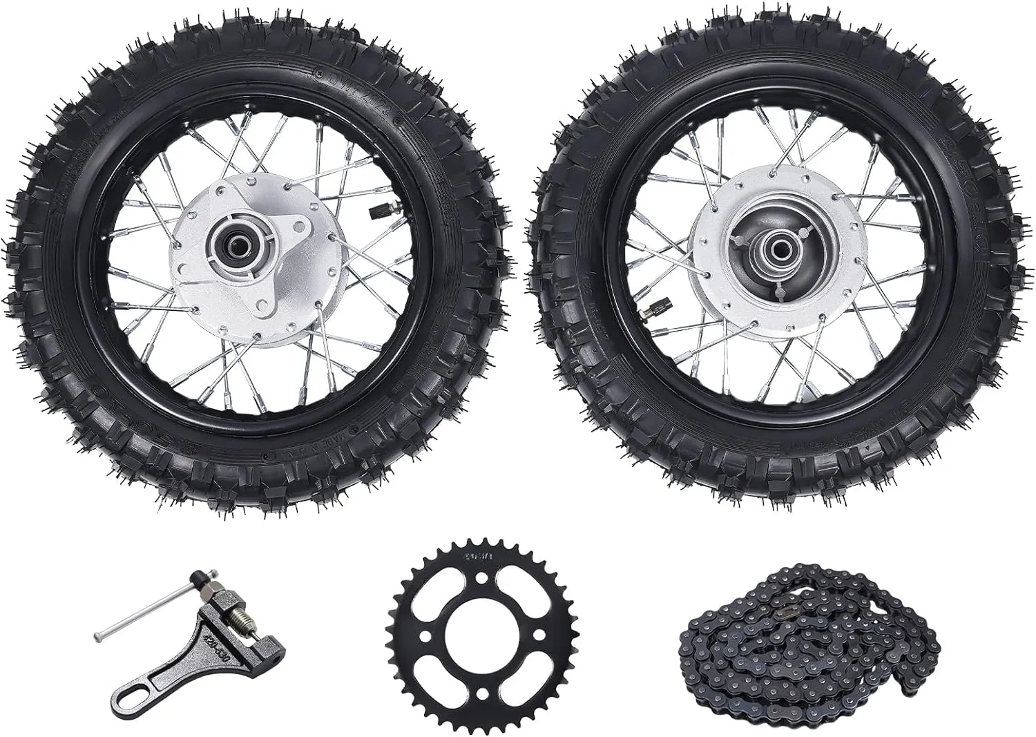 2.50-10 Front and Rear Tire Drum Brake Pit Bike Front Rear Tire Rim Wheel with Chain and Chain Plate for CRF50 XR50 BBR KLX Dirt Bike