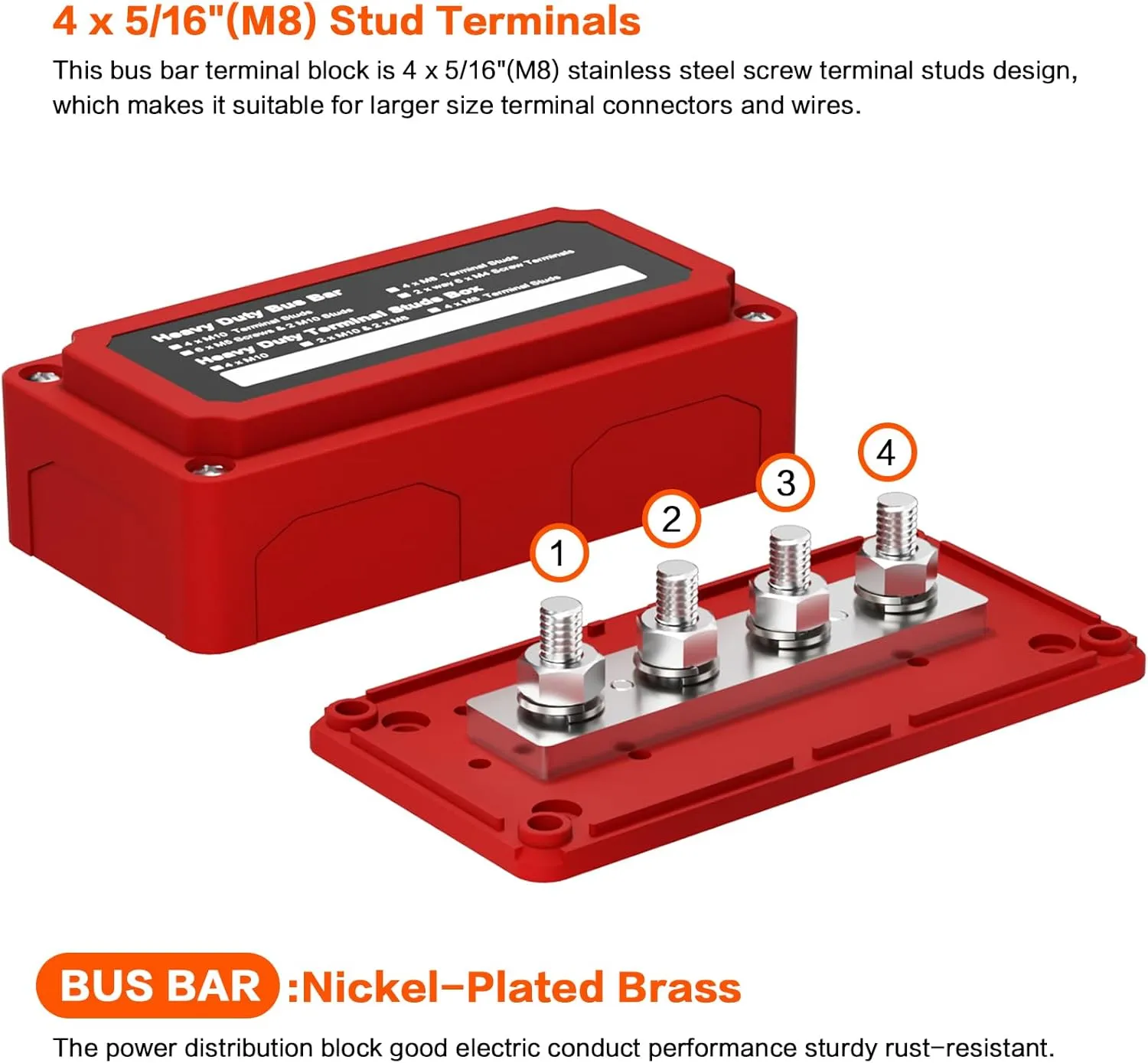 2pcs 300A Bus Bar Box Nickel Plated Brass Power Distribution Block with 4xM8 (5/16 inch) Positive Negative Ground Battery Junction Block Buss Bar with Cover DC12 24 48V（Red & Black）