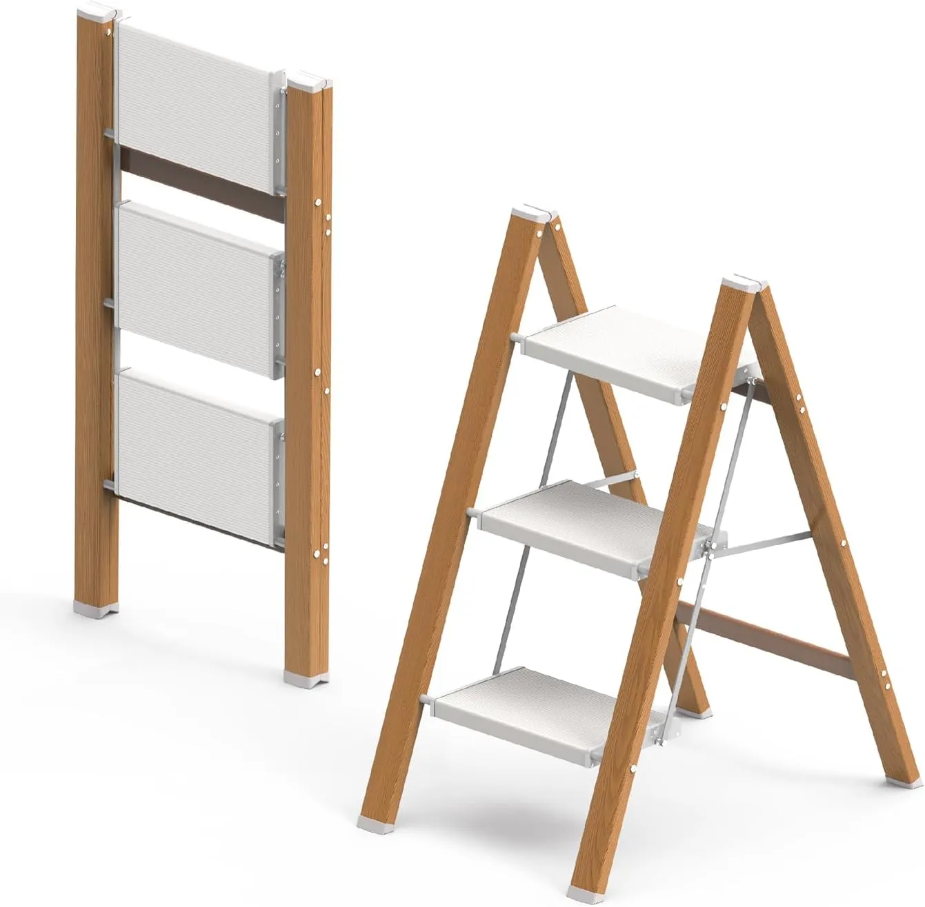 3 Step Ladder, Folding Aluminum Step Stool with Anti-Slip Wide Steps for Adults, Ideal for Kitchen, Closet, Bedroom, 330 lbs Capacity (Woodgrain)