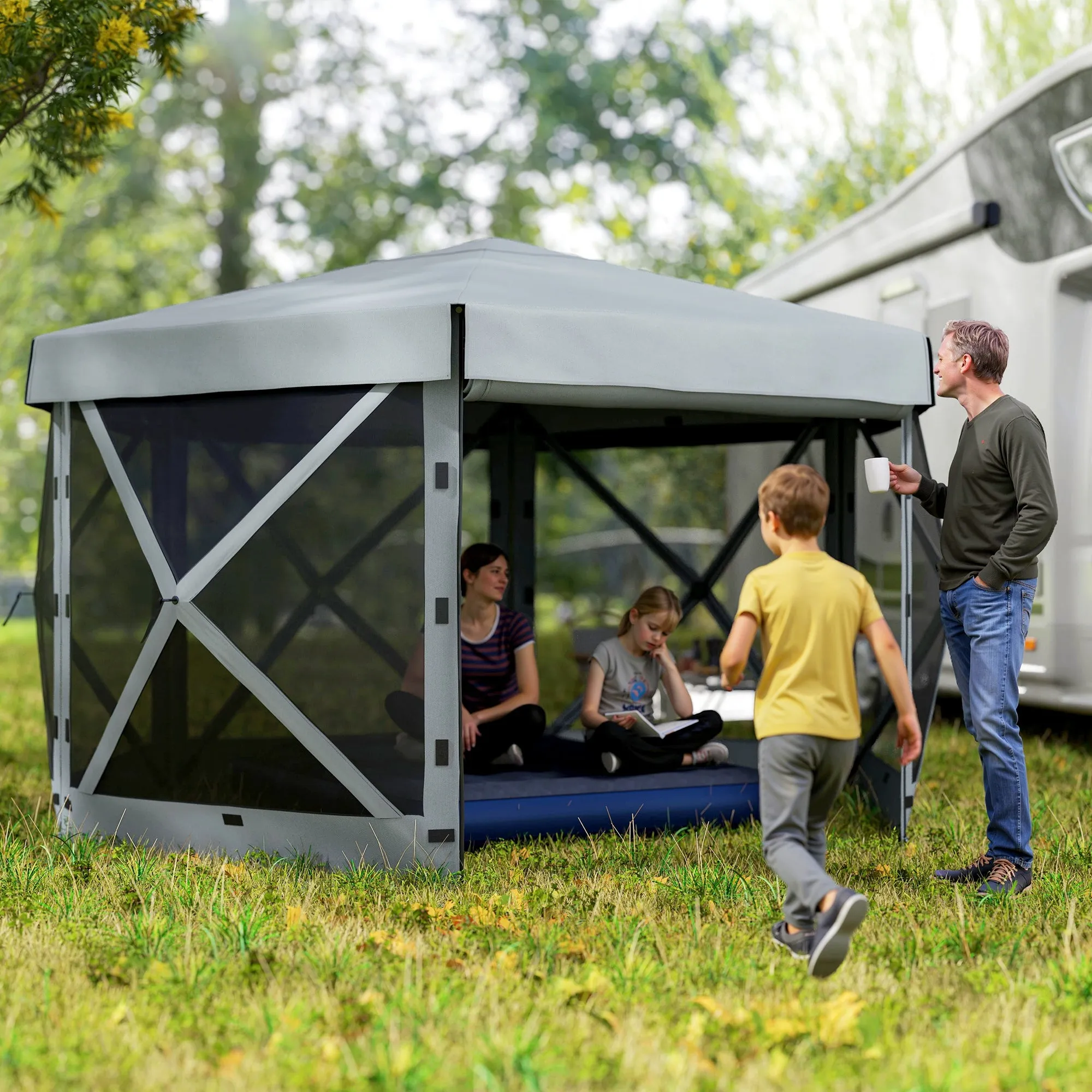 3 x 3(m) Hexagon Pop Up Gazebo with 5 Sides and Carry Bag, Waterproof, UV Resistant Party Tent Instant Event Shelter with Netting for Garden, Patio, Light Grey