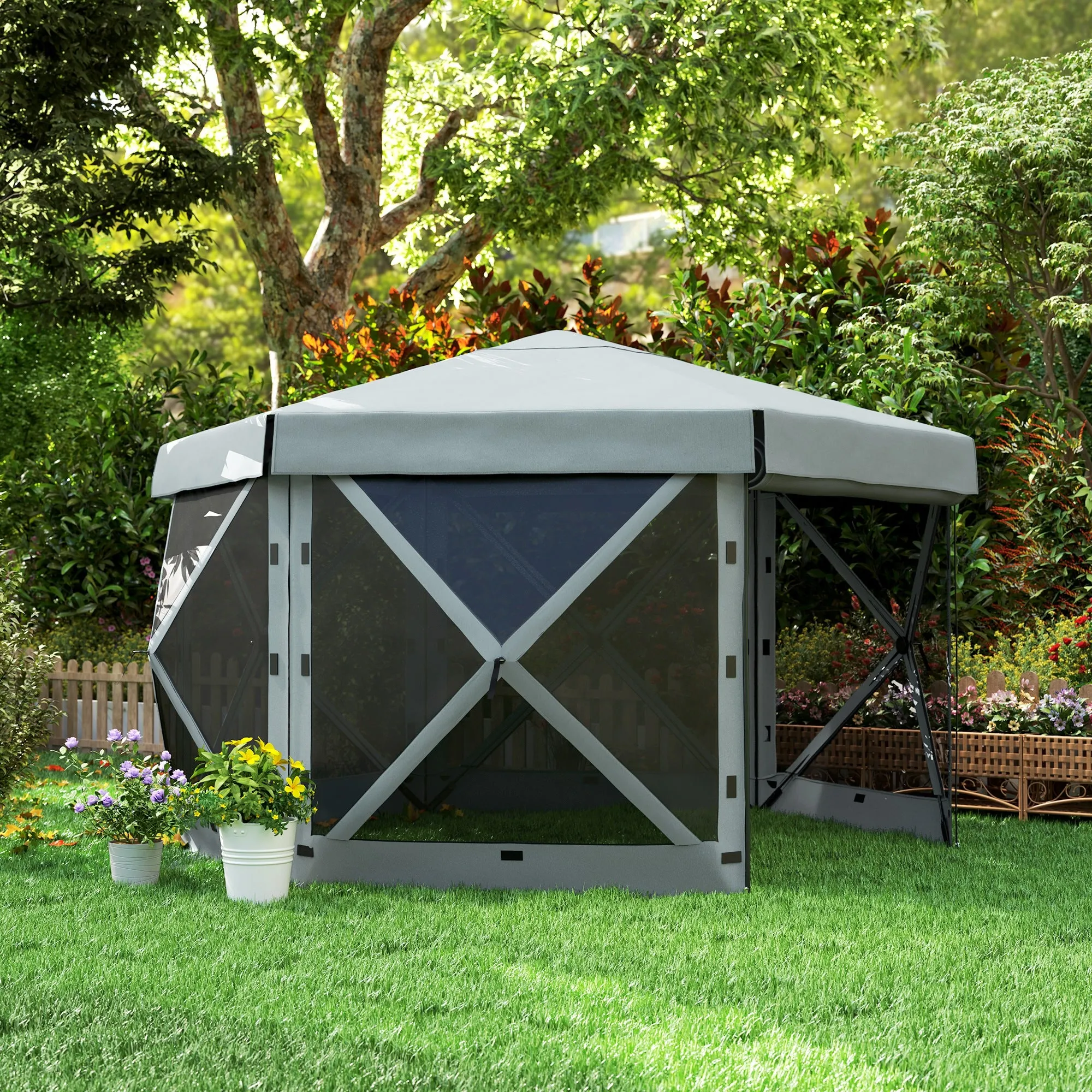 3 x 3(m) Hexagon Pop Up Gazebo with 5 Sides and Carry Bag, Waterproof, UV Resistant Party Tent Instant Event Shelter with Netting for Garden, Patio, Light Grey