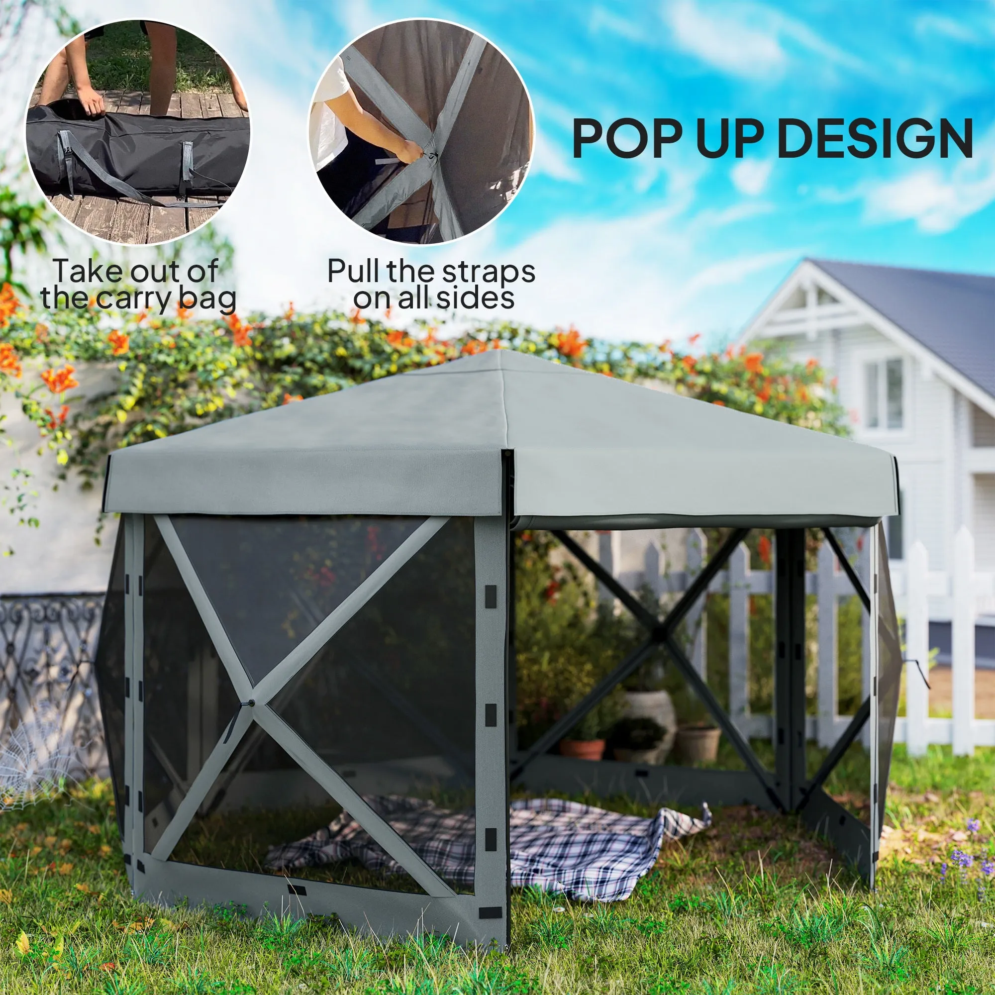 3 x 3(m) Hexagon Pop Up Gazebo with 5 Sides and Carry Bag, Waterproof, UV Resistant Party Tent Instant Event Shelter with Netting for Garden, Patio, Light Grey
