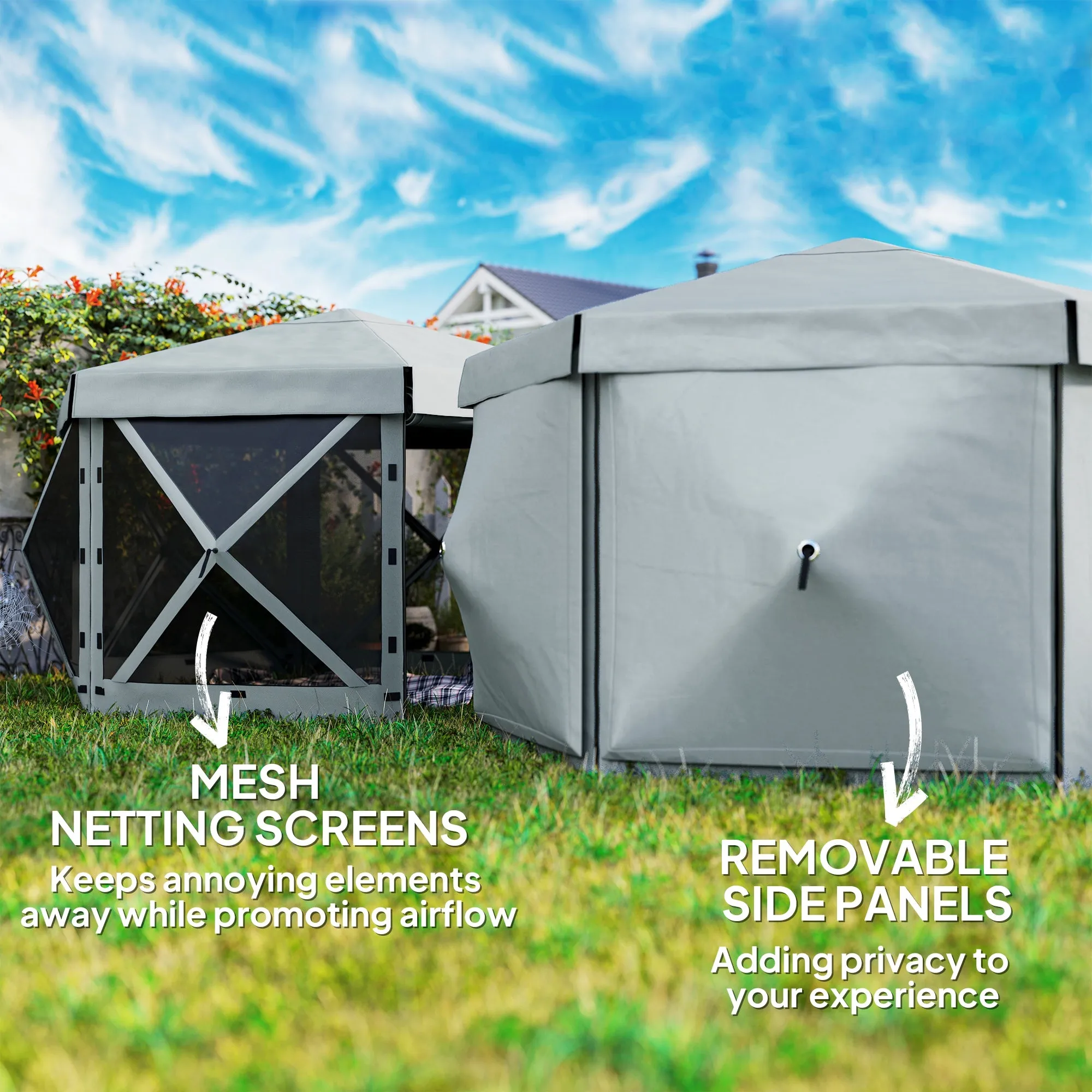 3 x 3(m) Hexagon Pop Up Gazebo with 5 Sides and Carry Bag, Waterproof, UV Resistant Party Tent Instant Event Shelter with Netting for Garden, Patio, Light Grey