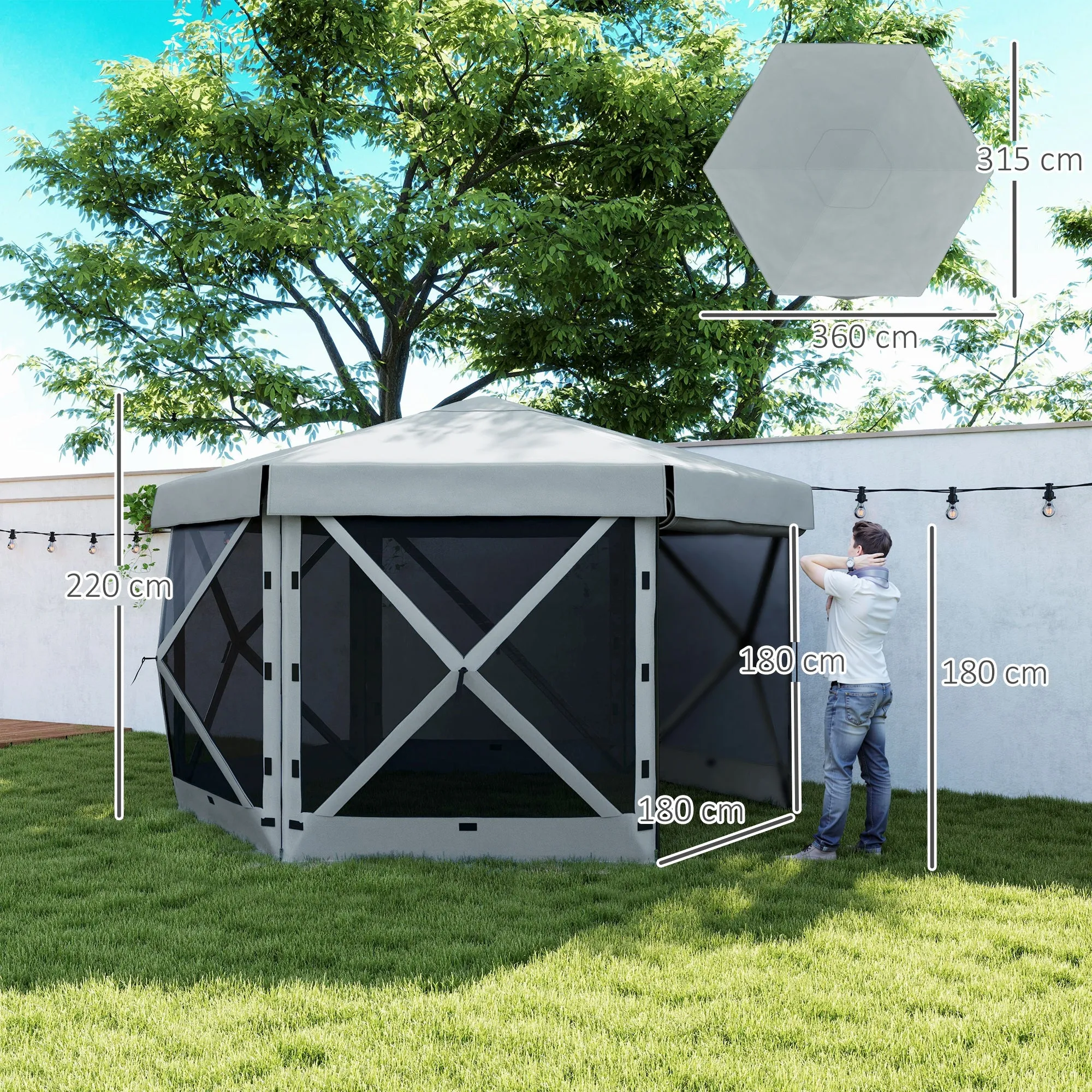 3 x 3(m) Hexagon Pop Up Gazebo with 5 Sides and Carry Bag, Waterproof, UV Resistant Party Tent Instant Event Shelter with Netting for Garden, Patio, Light Grey