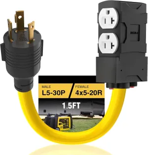 30 Amp to 20 Amp 110V Adapter, 1.5 FT, Yellow, 3 Prong L5-30P to 4X 5-15R/5-20R T-Blade, 5000W, ETL Listed, For Household Tools, Appliances, RV Camping