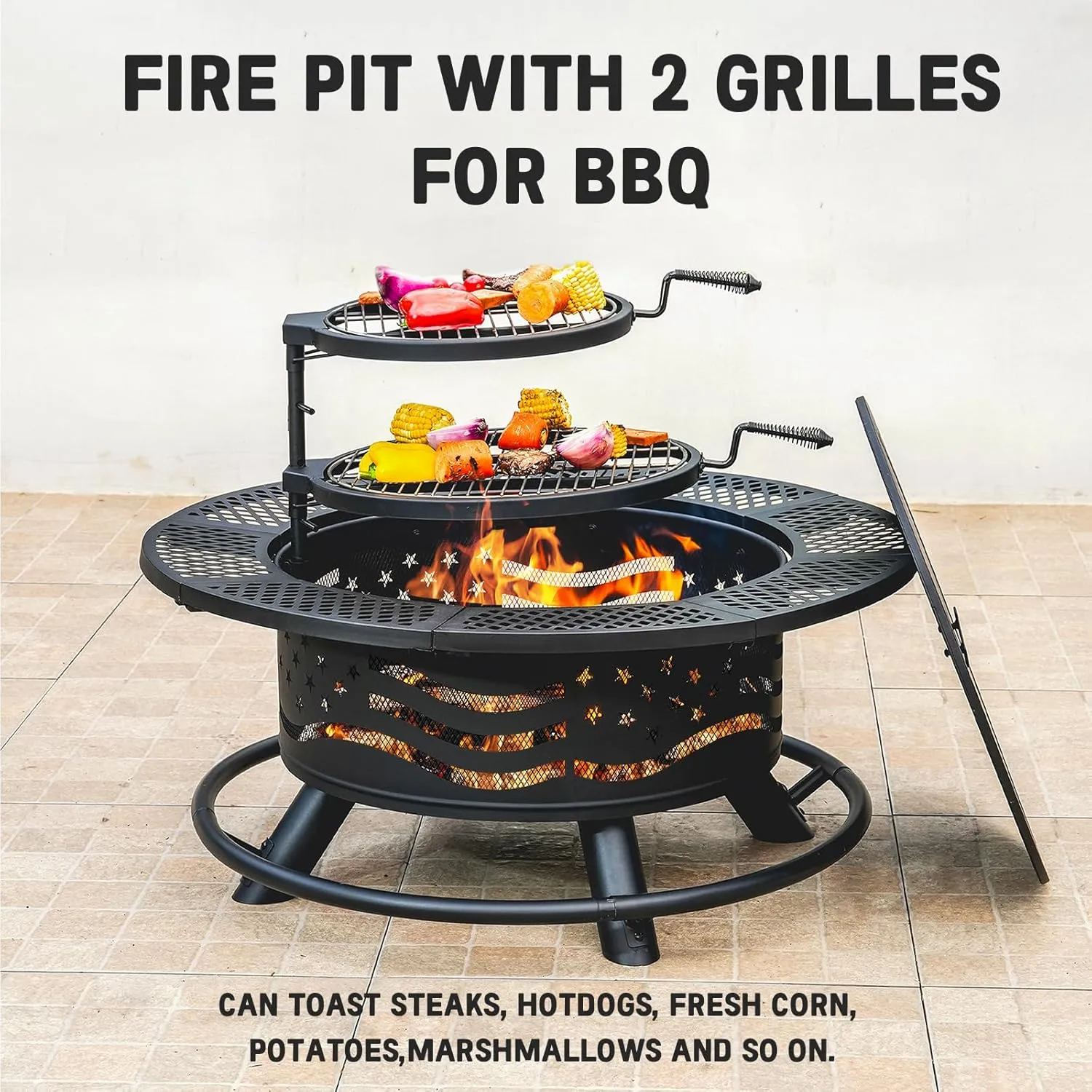 36 Inch Fire Pit with 2 Cooking Grate, Outdoor Wood Burning BBQ Grill Firepit Bowl with Cover Lid, Steel Round Table for Backyard Bonfire Patio Picnic (Black, 36IN)