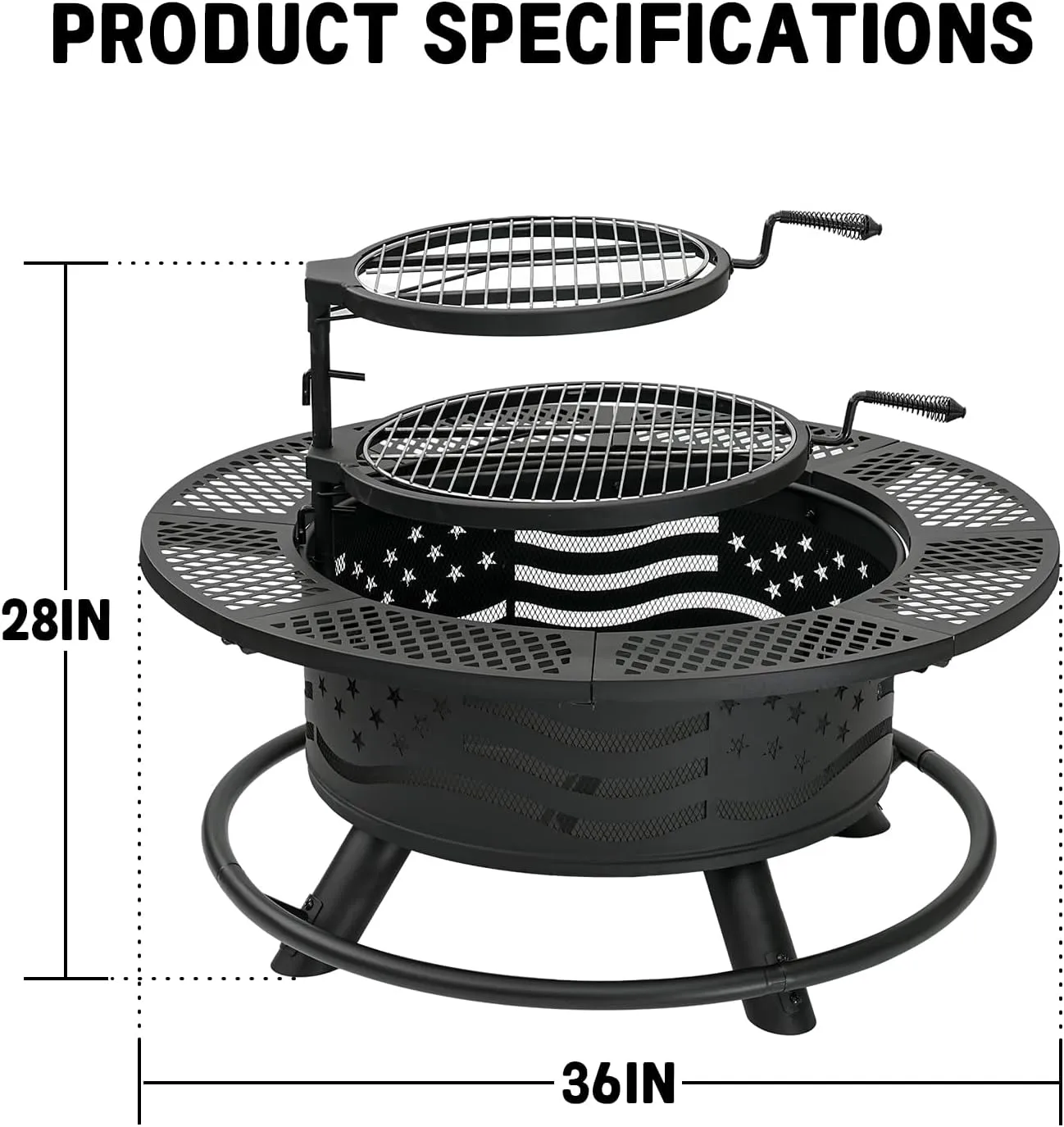 36 Inch Fire Pit with 2 Cooking Grate, Outdoor Wood Burning BBQ Grill Firepit Bowl with Cover Lid, Steel Round Table for Backyard Bonfire Patio Picnic (Black, 36IN)