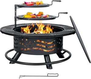 36 Inch Fire Pit with 2 Cooking Grate, Outdoor Wood Burning BBQ Grill Firepit Bowl with Cover Lid, Steel Round Table for Backyard Bonfire Patio Picnic (Black, 36IN)