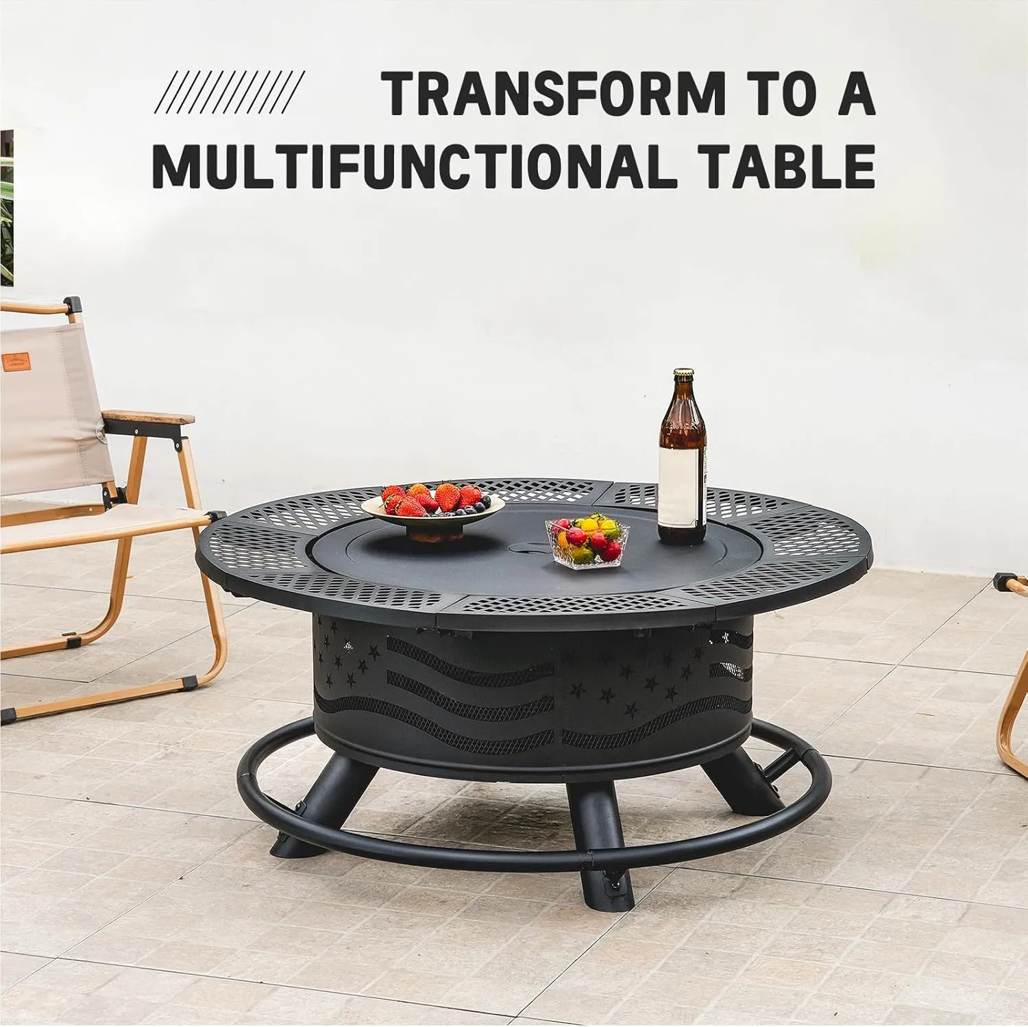 36 Inch Fire Pit with 2 Cooking Grate, Outdoor Wood Burning BBQ Grill Firepit Bowl with Cover Lid, Steel Round Table for Backyard Bonfire Patio Picnic (Black, 36IN)