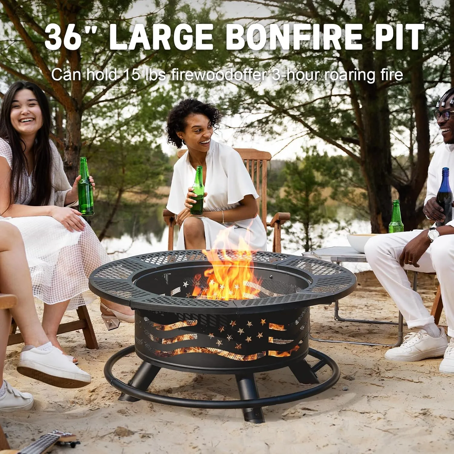 36 Inch Fire Pit with 2 Cooking Grate, Outdoor Wood Burning BBQ Grill Firepit Bowl with Cover Lid, Steel Round Table for Backyard Bonfire Patio Picnic (Black, 36IN)