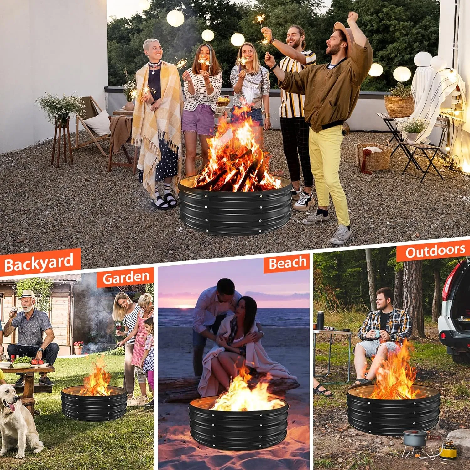 36 Inch Round Galvanized Fire Pit Ring/Fire Ring - Foldable and Perfect for Outdoor Gatherings and Campfires in The Yard/Garden/Park/Beach (Black Gray, 3 FT Diameter 1 FT Tall)