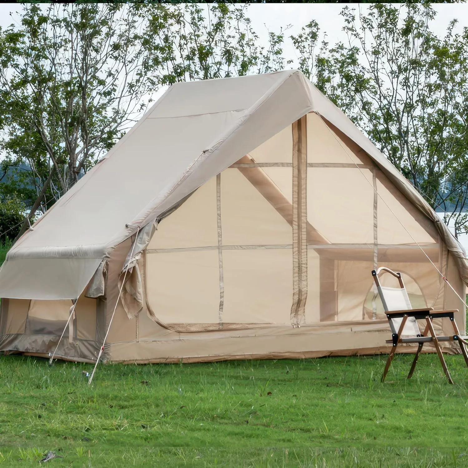 4-6 Person Inflatable Glamping Tent with Pump, 4-Season Waterproof Oxford Fabric Air Tent with 12 Mesh Windows and Dual Doors for Camping, Garden, or Outdoor Use, Khaki
