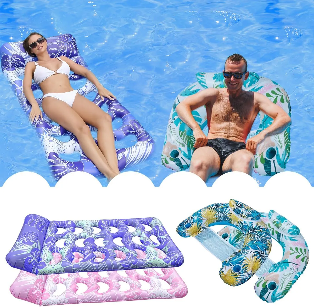 4-Pack Inflatable Pool Floats for Adults: 2 Straight   2 Floating Chairs Lounge Chairs with Headrests | Heavy Duty Floating Rafts for Swimming Pool, Lake, Beach | Sun Tanning, Summer Water Party