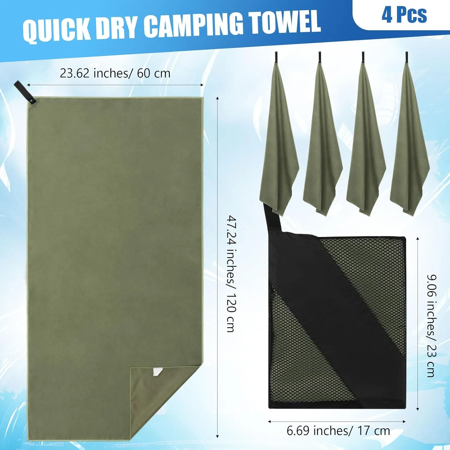 4 Pcs Quick Dry Camping Towel Absorbent Microfiber Travel Towel 47.24'' X 23.62'' Travel Wash Cloth Set for Backpacking Camping Beach Gym Sports Yoga Swimming Pool