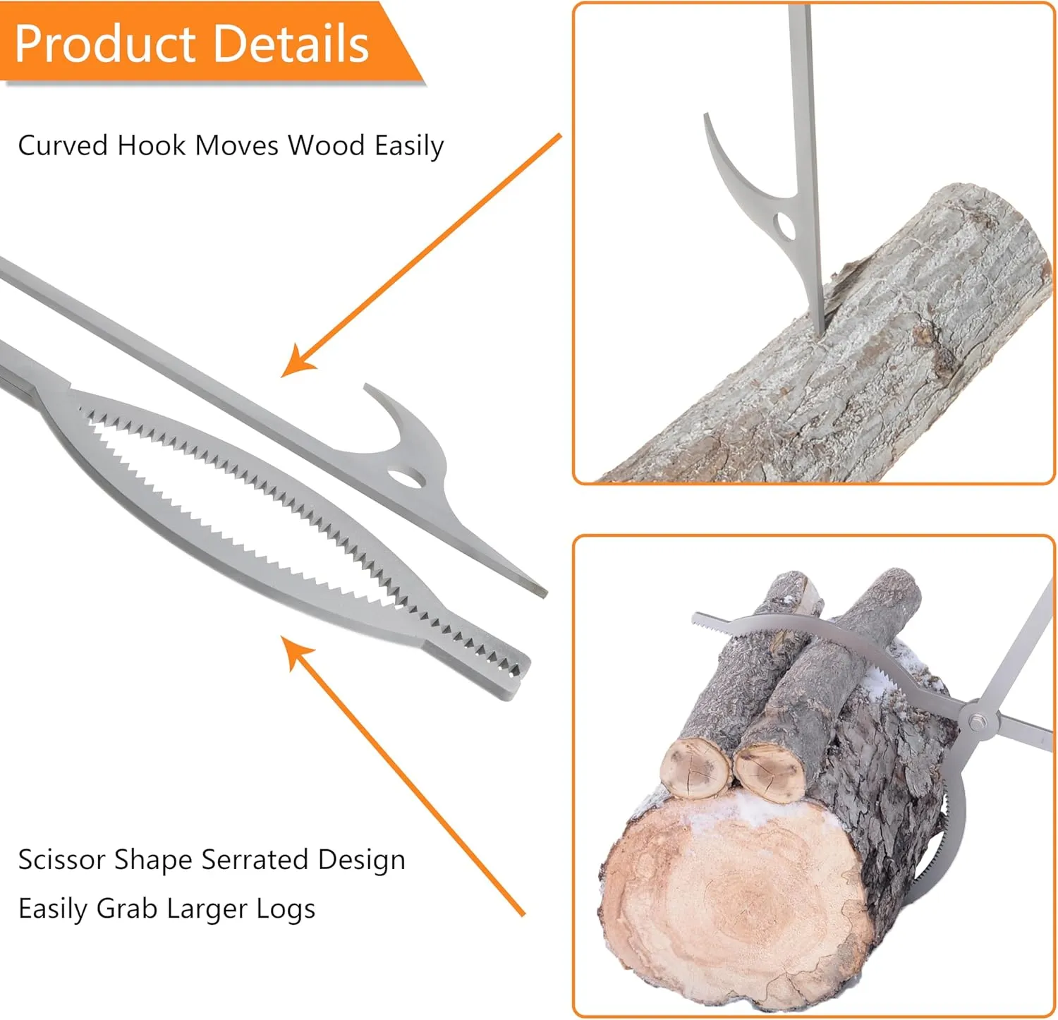 40" Fire Tongs Firewood Grabbers and Fire Poker Set, Stainless Steel Large Log Grabbers for Outdoor Fireset Fire Pit Bonfire Campfire Backyard Deck Indoor Fireplace Tools Set