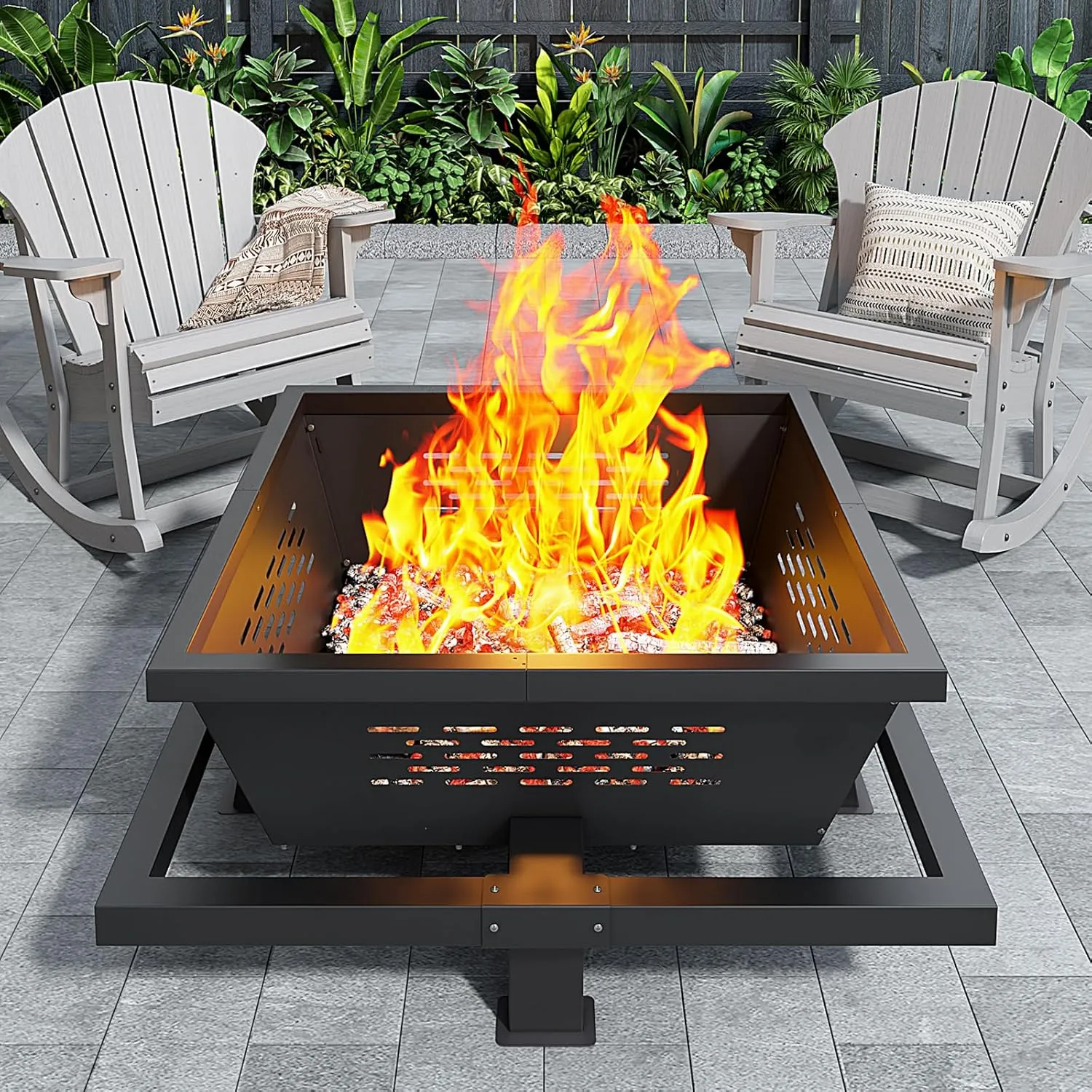 42" Large fire Pit, Square Outdoor Fire Pit with Pocker, Hight Quality Wood Burning Fire Pit for Camping, Backyard, Patio