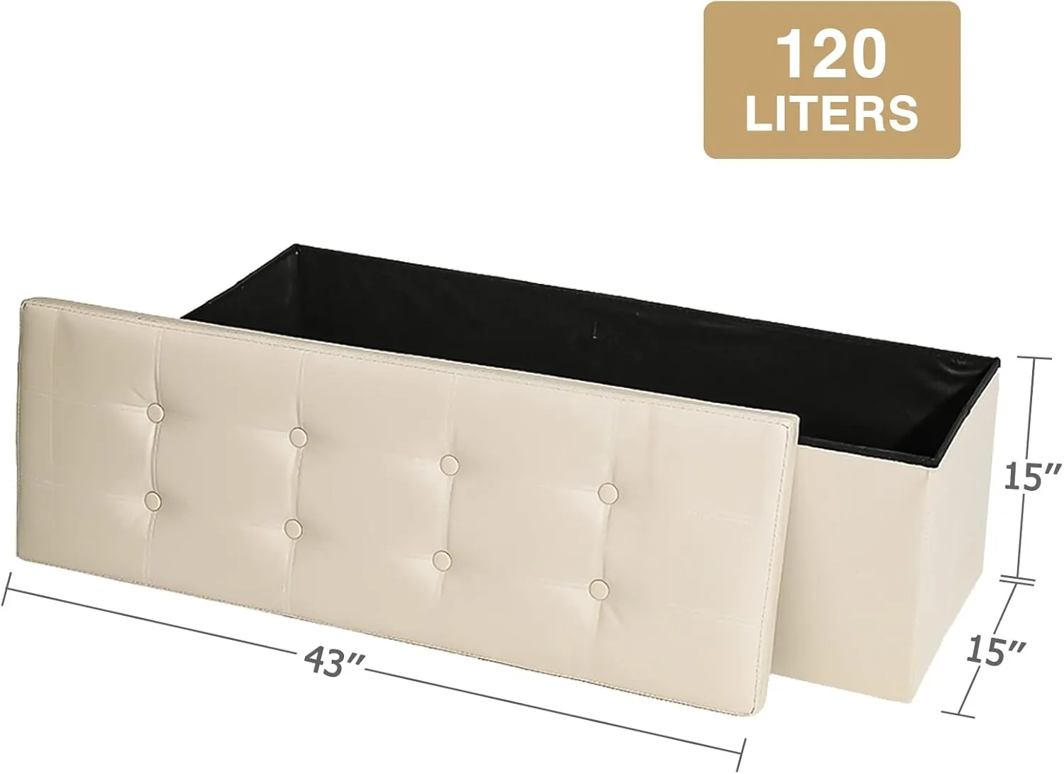 43 Inches Folding Storage Ottoman Bench Storage Chest Footrest Padded Seat for Bedroom Living Room Faux Leather Beige
