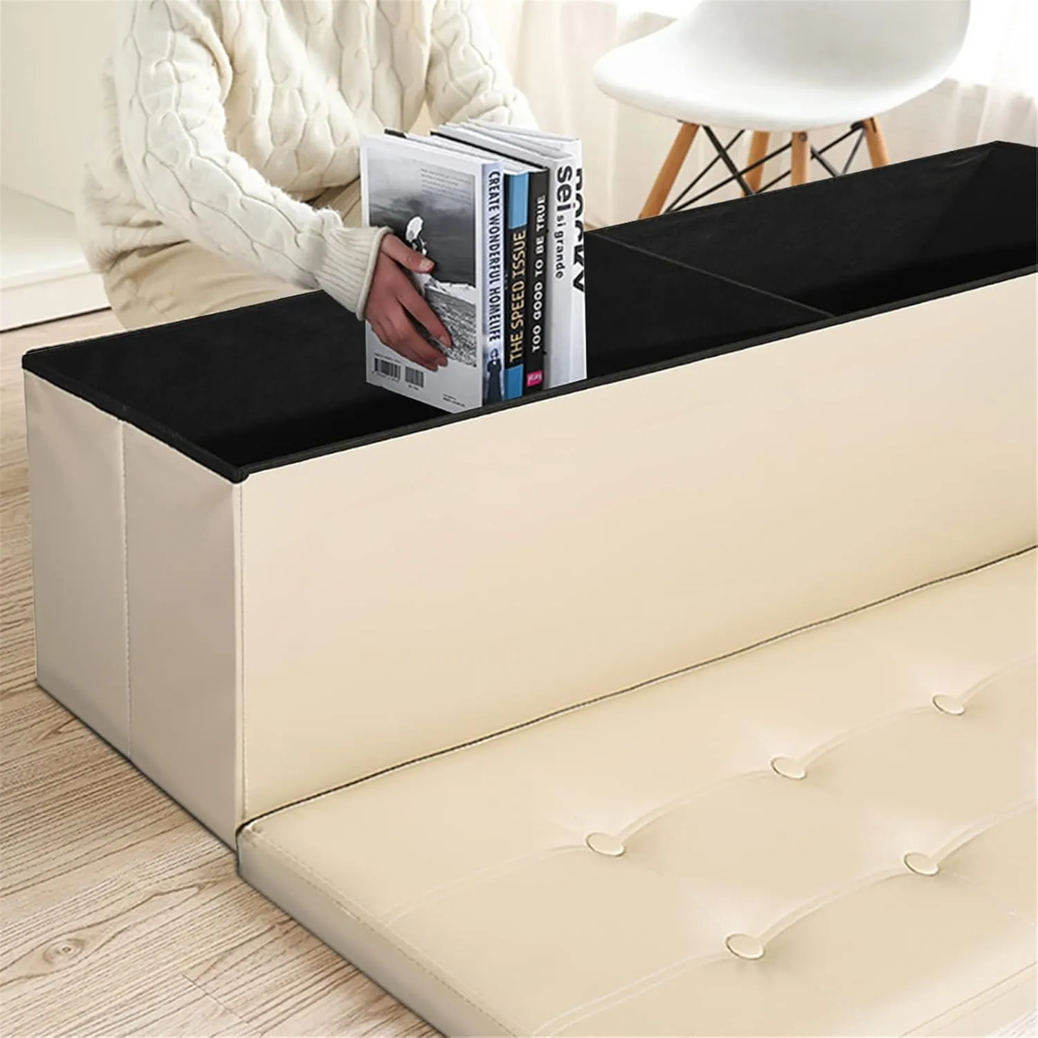 43 Inches Folding Storage Ottoman Bench Storage Chest Footrest Padded Seat for Bedroom Living Room Faux Leather Beige