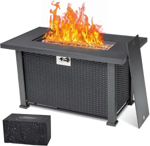 44" Propane Fire Pit Table, 50000BTU Rectangle Fire Table with Cover & Rain Cover, Sturdy Steel and Iron Fence Surface, CSA Safety Certified, Companion for Your Garden
