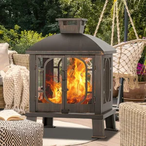 45" H×31''W Metal Chiminea Fire Pit with Grill, Wood Burning Fire Pits for Outside,Square Chimineas Fireplace with Mesh Spark Screen Door& Fire Poker for Garden,Yard,BBQ,Bonfire