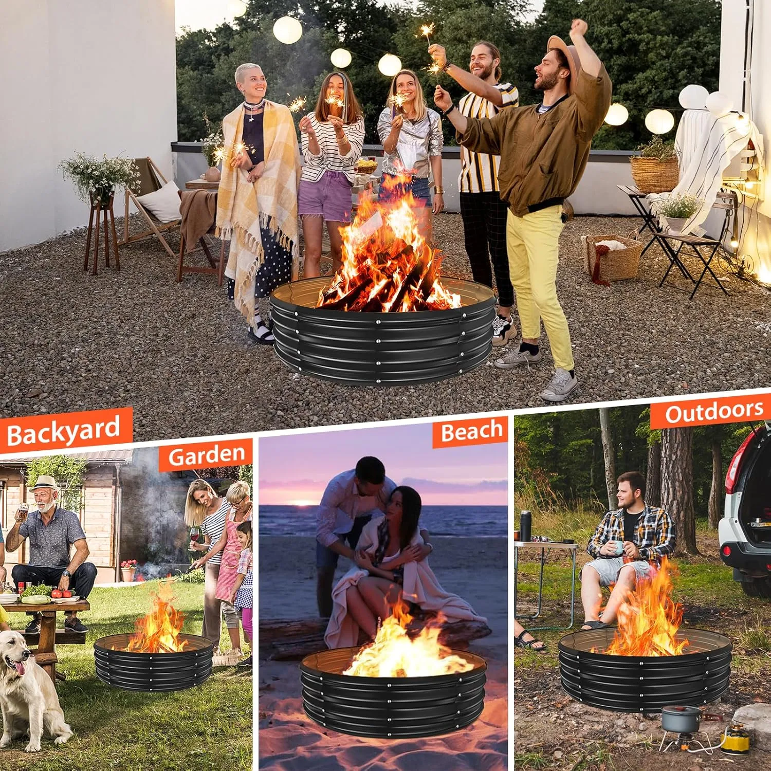 48 Inch Round Galvanized Fire Pit Ring/Fire Ring - Foldable and Perfect for Outdoor Gatherings and Campfires in The Yard/Garden/Park/Beach (Black Gray, 4 FT Diameter 1 FT Tall)