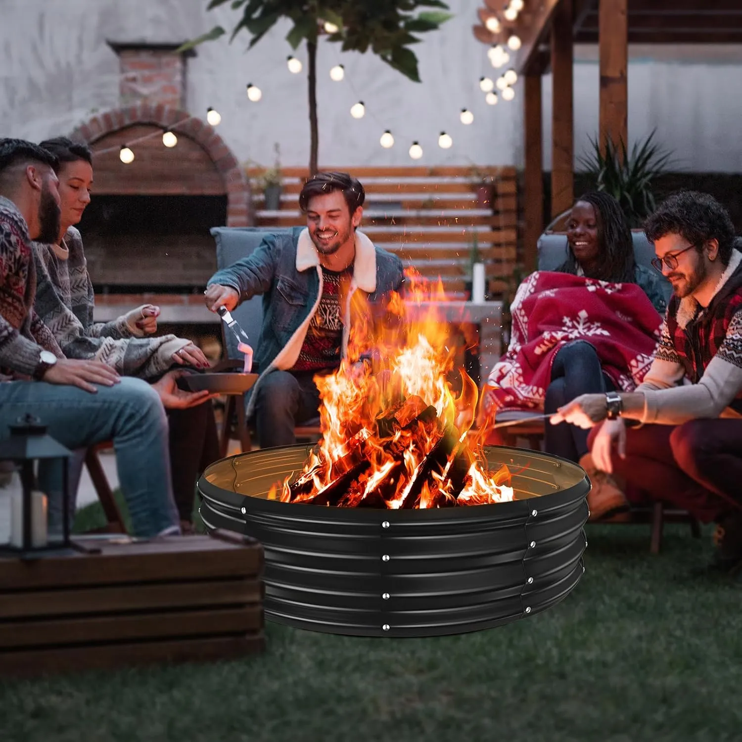 48 Inch Round Galvanized Fire Pit Ring/Fire Ring - Foldable and Perfect for Outdoor Gatherings and Campfires in The Yard/Garden/Park/Beach (Black Gray, 4 FT Diameter 1 FT Tall)