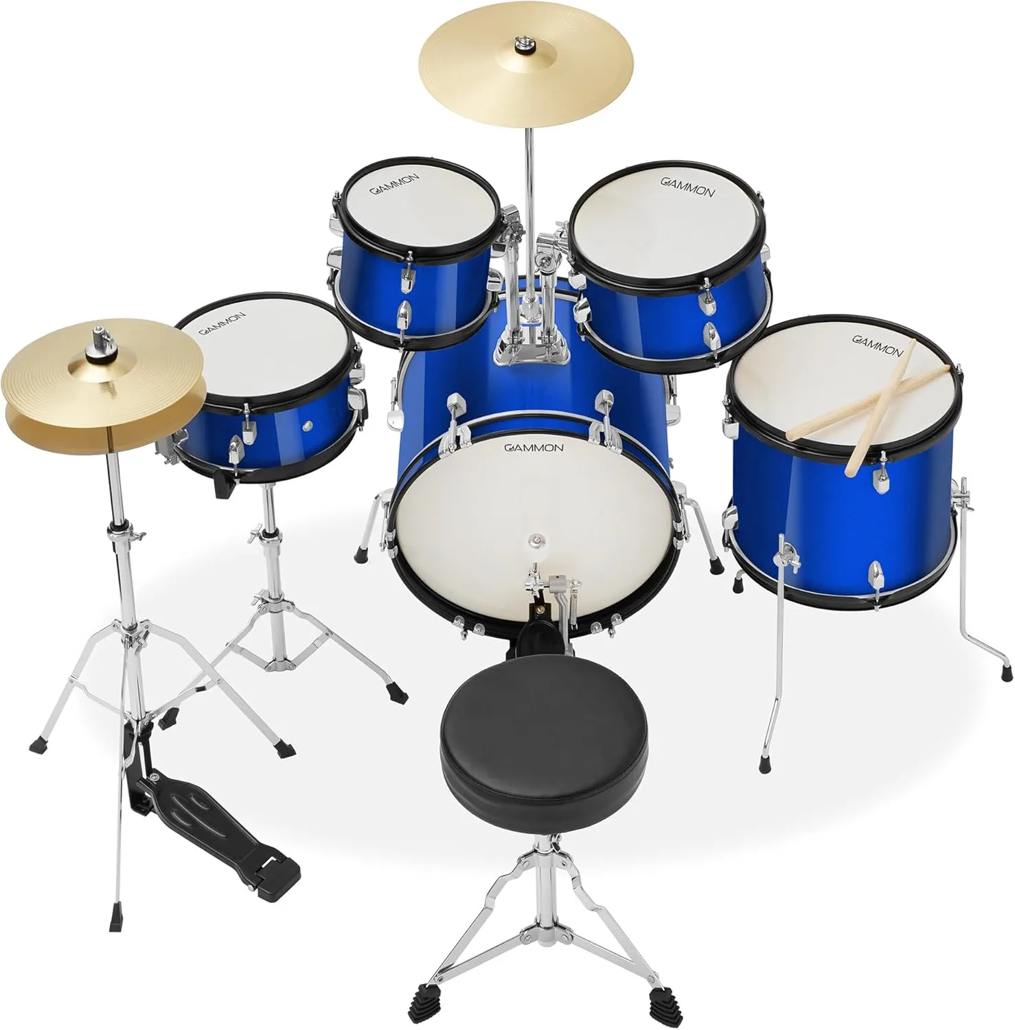 5-Piece Junior Starter Drum Kit with Cymbals, Hardware, Sticks, & Throne - Blue