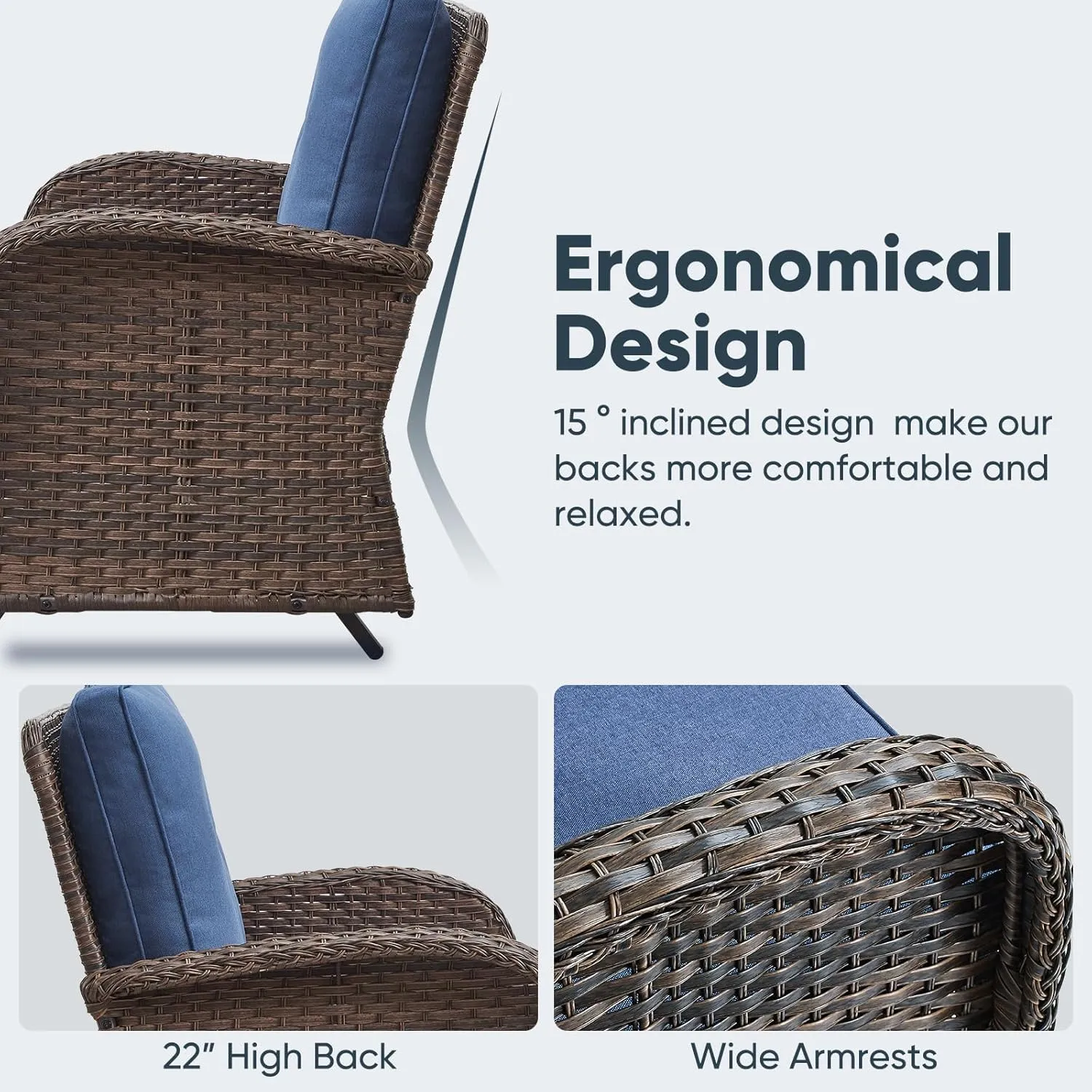 5 Piece Outdoor Patio Furniture Set with 50000 BTU Propane Fire Pit Table, Deep Seating Wicker Swivel Rocker Chairs and Loveseat Glider Patio Conversation Set for Deck Poolside Backyard Blue