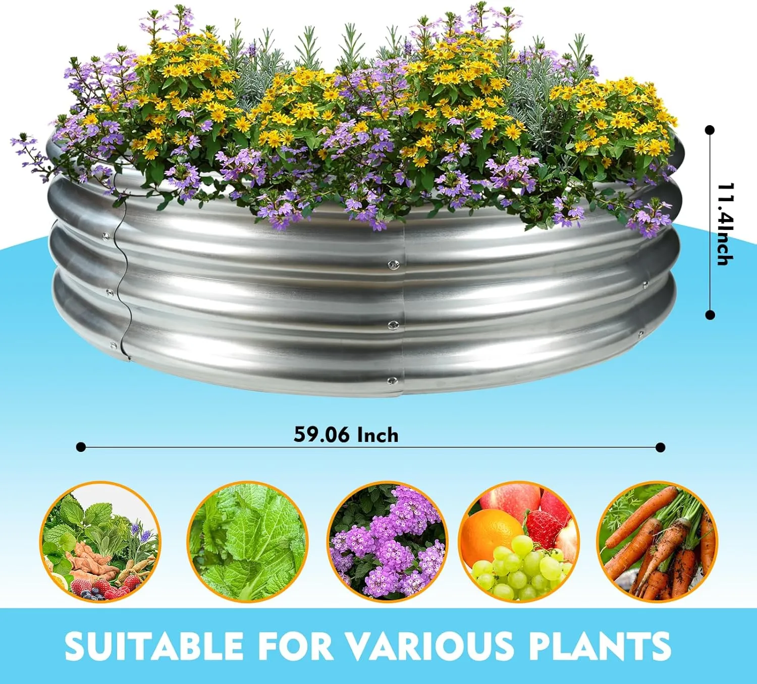 5FT Diameter Camp Fire Ring Pit, Large Round Galvanized Steel Fire Pit, Heavy Duty Steel Fire Pit Silver for Backyard, Camping, Bonfire (5x5x1FT)