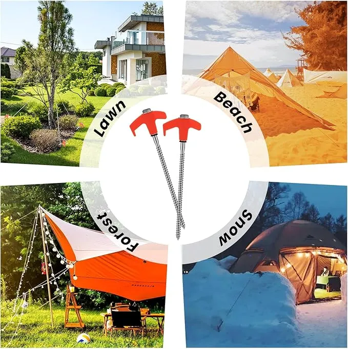 8" Screw in Tent Stakes 8PCS - Ground Anchors Screw in, Screw in Tent Stakes Heavy Duty, Galvanized - Camping Tent Accessories, Metal Threaded Tent Spikes with Hex Head Driver and Storage Bags