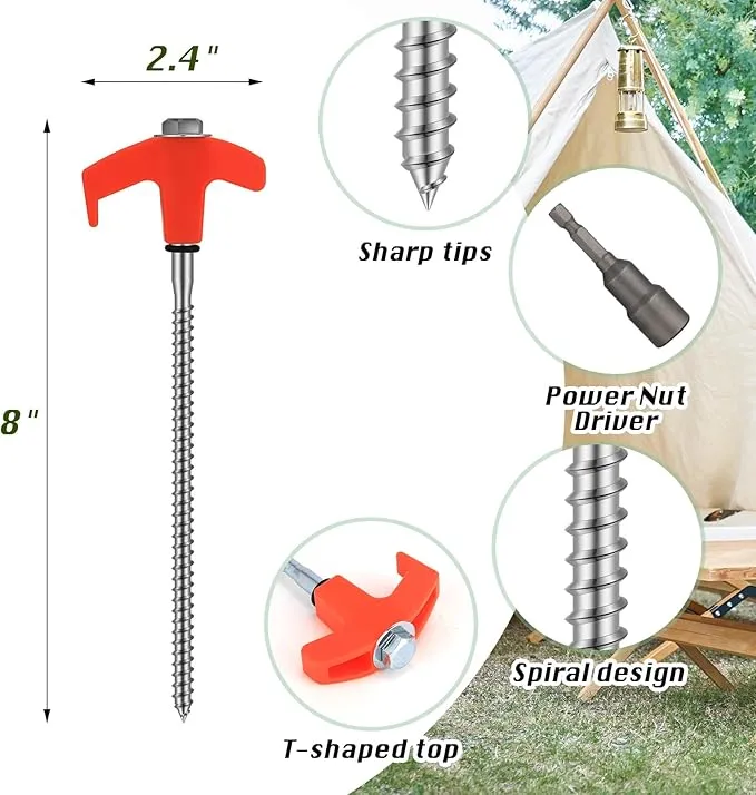 8" Screw in Tent Stakes 8PCS - Ground Anchors Screw in, Screw in Tent Stakes Heavy Duty, Galvanized - Camping Tent Accessories, Metal Threaded Tent Spikes with Hex Head Driver and Storage Bags