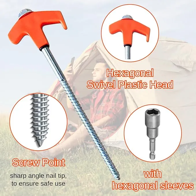8" Screw in Tent Stakes - Ground Anchors Screw in, Screw in Tent Stakes Heavy Duty, Tent Pegs Camping Stakes, Metal Threaded Tent Spikes, Screw Tent Stakes with Hex Sleeves (8Pcs White)