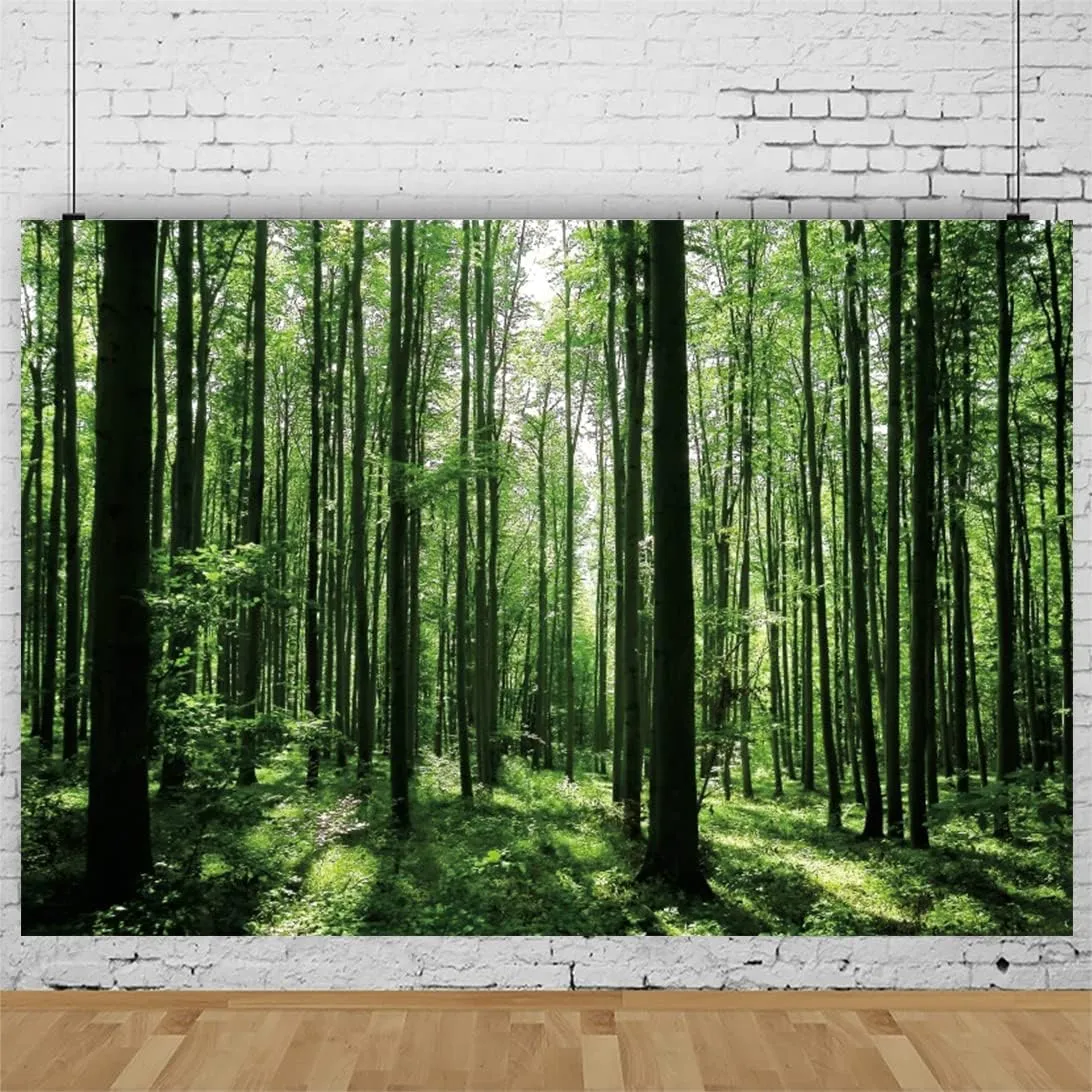 8x6ft Spring Forest Photography Backdrop Green Jungle Forest Sunlight Grassland Wonderland Tree Nature Landscape Background Adventure Camping Picnic Hiking Theme Party Decoration Banner