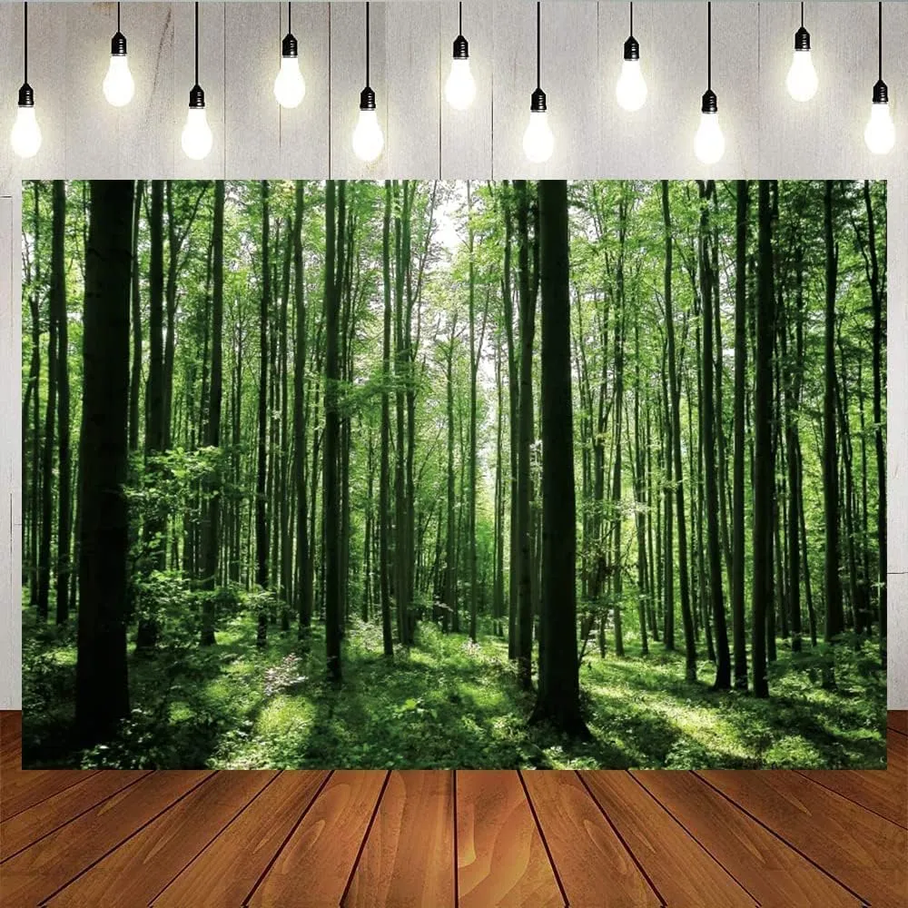 8x6ft Spring Forest Photography Backdrop Green Jungle Forest Sunlight Grassland Wonderland Tree Nature Landscape Background Adventure Camping Picnic Hiking Theme Party Decoration Banner