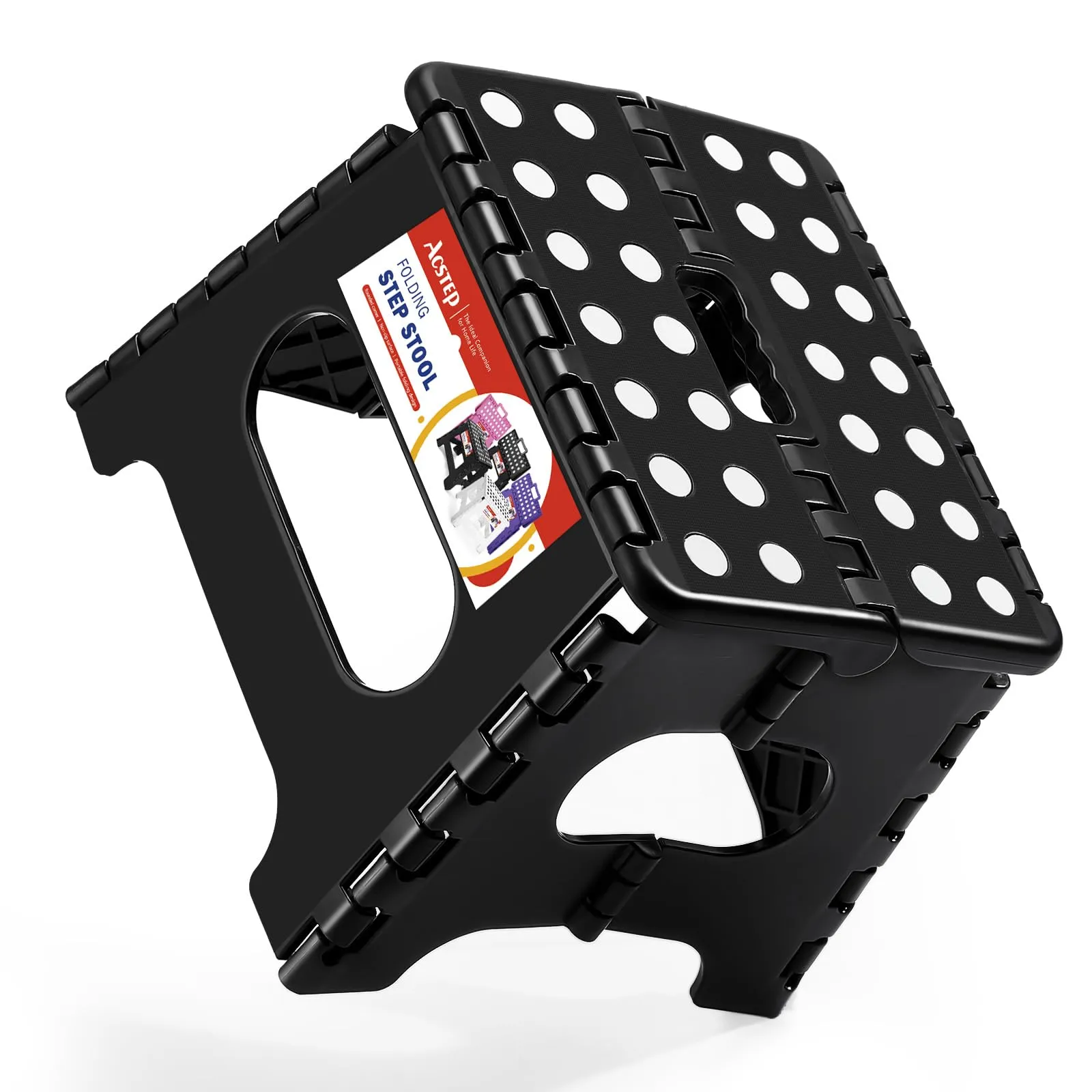 ACSTEP Folding Step Stool Foldable Stool 7.5 Inch Height Kids Step Stool, 300 lb Capacity Plastic Collapsible Stool, Stepping Stool with Handle Black Small Step Stool, Foot Stool Suitable for Kitchen