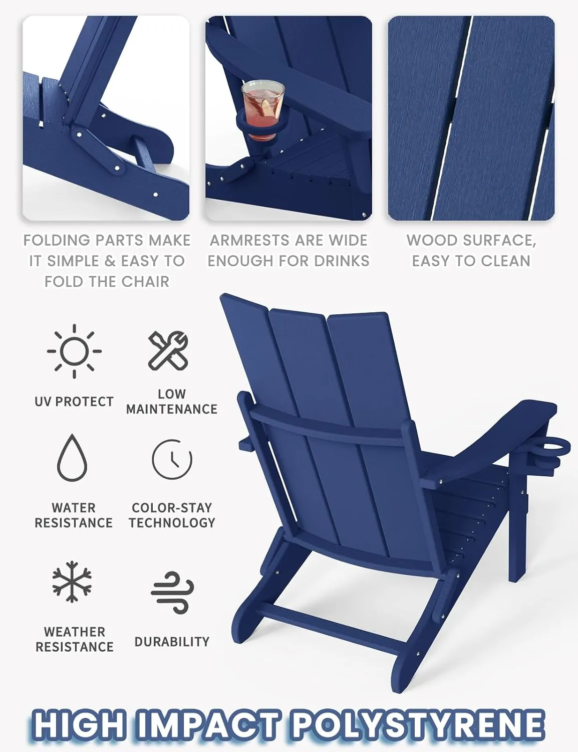 Adirondack Chair with Cup Holder, Folding Outdoor Lawn Chair, HDPE Plastic Fire Pit Chair, Weather Resistant Patio Chairs for Deck, Porch, Backyard, Garden, Navy Blue