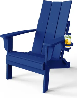 Adirondack Chair with Cup Holder, Folding Outdoor Lawn Chair, HDPE Plastic Fire Pit Chair, Weather Resistant Patio Chairs for Deck, Porch, Backyard, Garden, Navy Blue