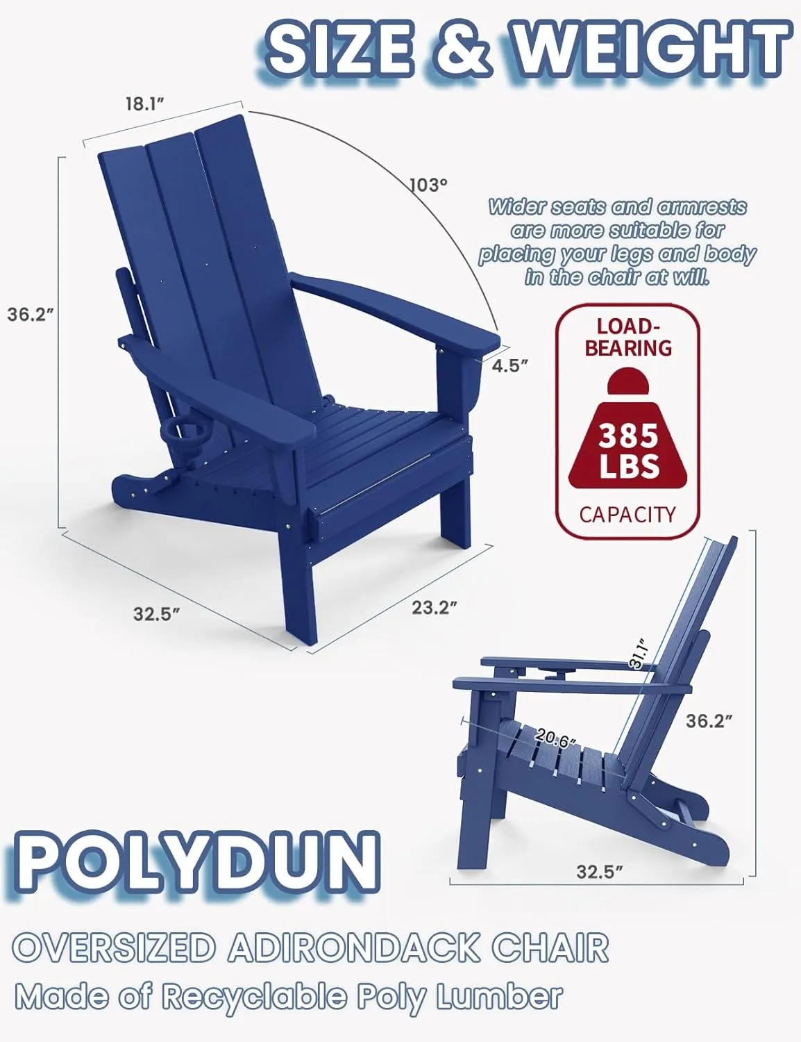 Adirondack Chair with Cup Holder, Folding Outdoor Lawn Chair, HDPE Plastic Fire Pit Chair, Weather Resistant Patio Chairs for Deck, Porch, Backyard, Garden, Navy Blue