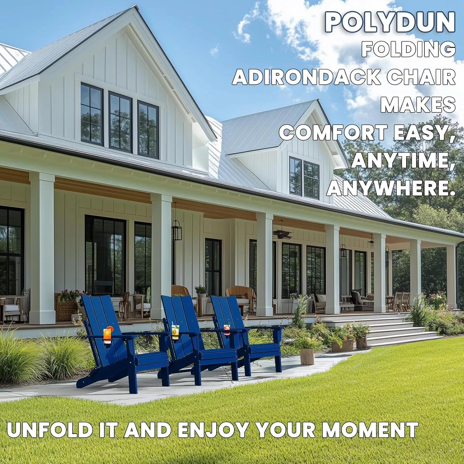 Adirondack Chair with Cup Holder, Folding Outdoor Lawn Chair, HDPE Plastic Fire Pit Chair, Weather Resistant Patio Chairs for Deck, Porch, Backyard, Garden, Navy Blue