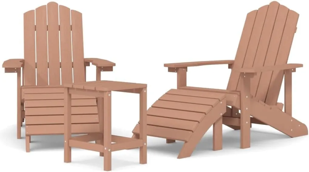 Adirondack Chairs with Footstool & Table Outdoor Patio Furniture Set HDPE Brown 2 Chairs, 2 Stools & Side Table for Garden, Lawn, Backyard – Durable Weather-Resistant Design