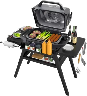 Adjustable Grill Stand for Ninja Woodfire Outdoor Grill, Portable Cart Table for Ninja XSKUNSTAND OG700 OG800 OG900 Series and OO101 Woodfire Pizza Oven, Collapsible Folding Table with Shelf